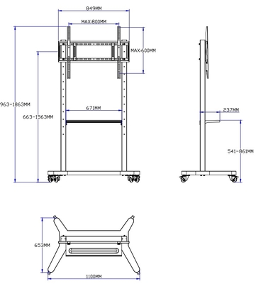 55" - 86" regulowalny stojak telewizora mobilnego z kółkami, kompatybilność dla 43" - 100" płaskich/skórzanych ekranów do 220 lbs stalowej ramy, 5 opcji wysokości, wózek telewizyjny
