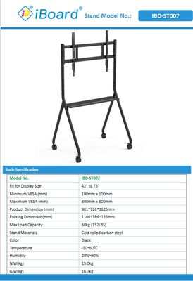 nowy przyjazd Interaktywny stojak na tablicy przenośnej 42 do 75 cali Monitor telewizyjny Podnoszenie mobilnego stoiska Maksymalne łożyska 60KGS Mocne koła Łatwe przesuwanie do interaktywnego stoiska na tablicy przenośnej