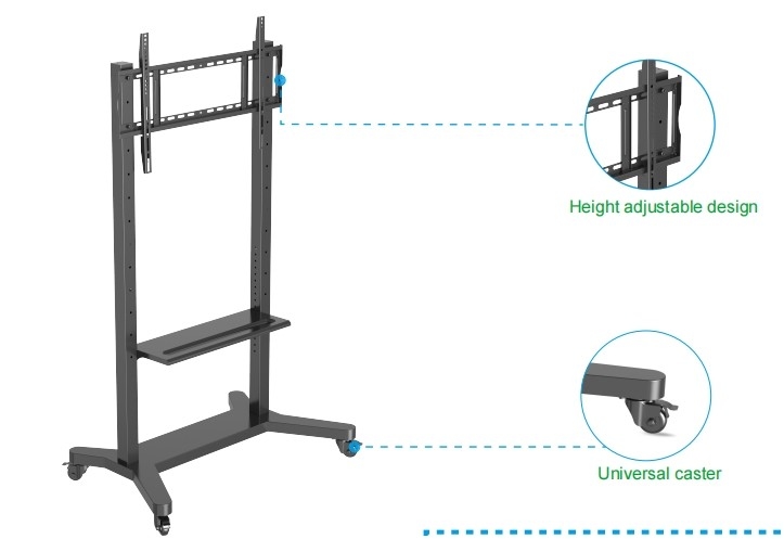 55" - 86" regulowalny stojak telewizora mobilnego z kółkami, kompatybilność dla 43" - 100" płaskich/skórzanych ekranów do 220 lbs stalowej ramy, 5 opcji wysokości, wózek telewizyjny